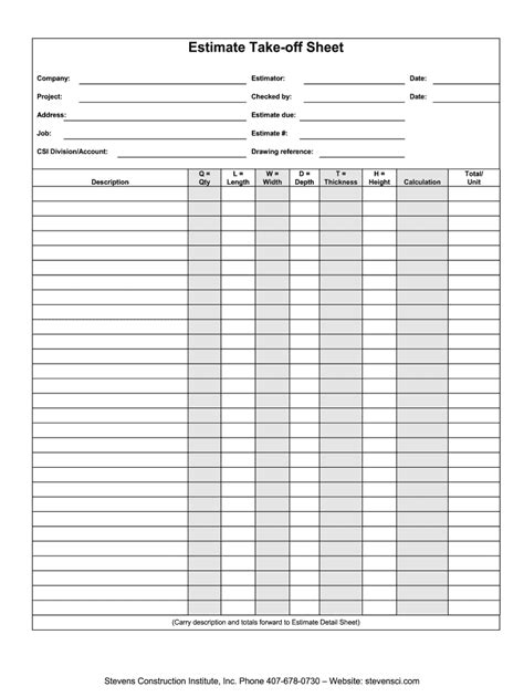 take off sheet template pdf